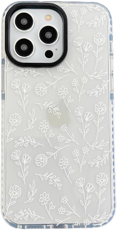Bonito diseño de flores blancas pequeñas compatible con iPhone 14 Pro Max, funda protectora de silicona a prueba de golpes para mujer, funda