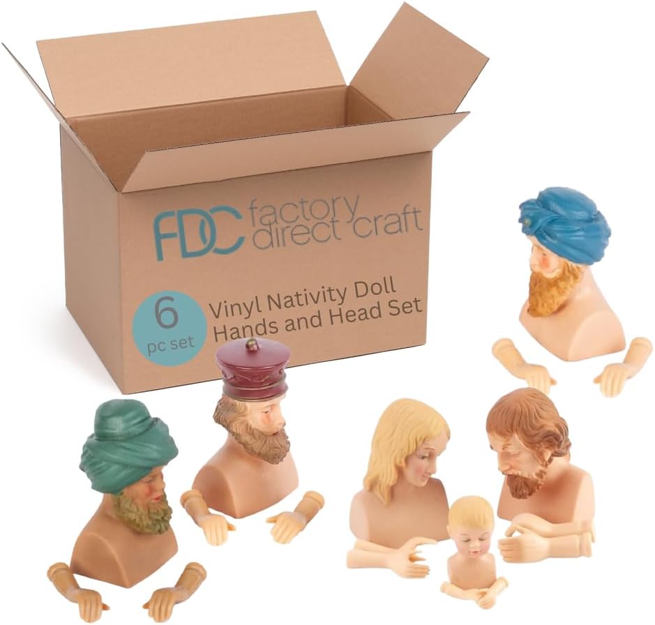 Factory Direct Craft Belén de vinilo con cabeza y brazos de muñeca Wisemen José, María, Bebé Jesús y 3 Wisemen, belén de bricolaje, adornos de