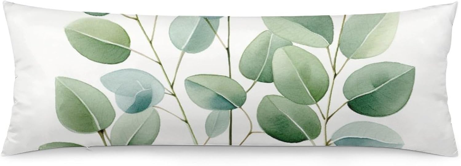Funda de almohada corporal con cremallera, diseño de eucalipto de temporada, hojas de plantas verdes, con cremallera, diseño rústico, acuarela,