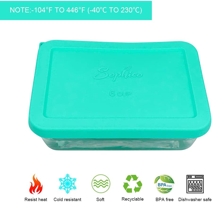 Sophico Tapa rectangular de almacenamiento de silicona para 6 tazas de repuesto para cuencos de vidrio Pyrex 7211-PC, recipiente no incluido (menta)