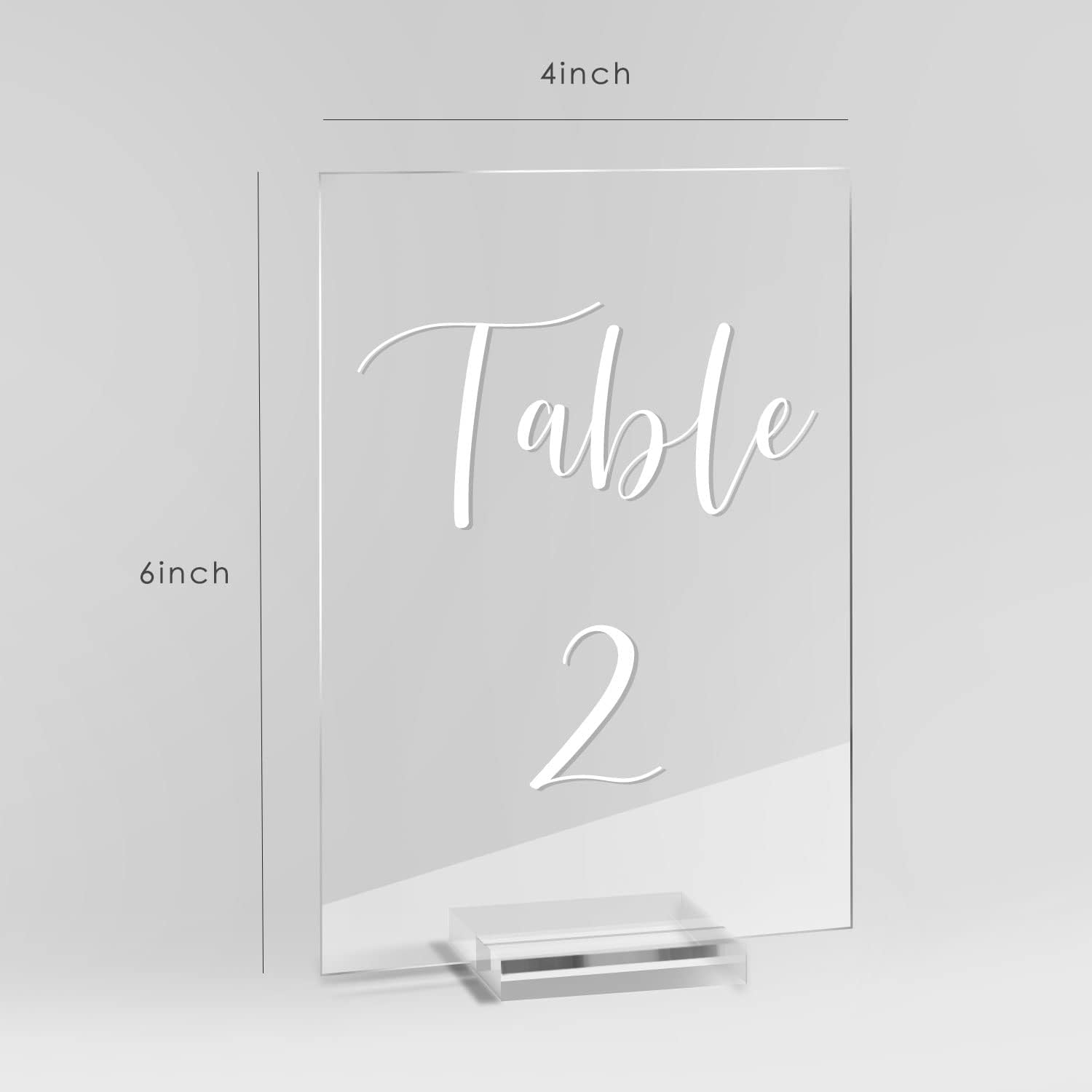 UNIQOOO Números de mesa de boda de acrílico del 1 al 10 con soportes, caligrafía impresa de 4 x 6 pulgadas, letreros transparentes y soportes para