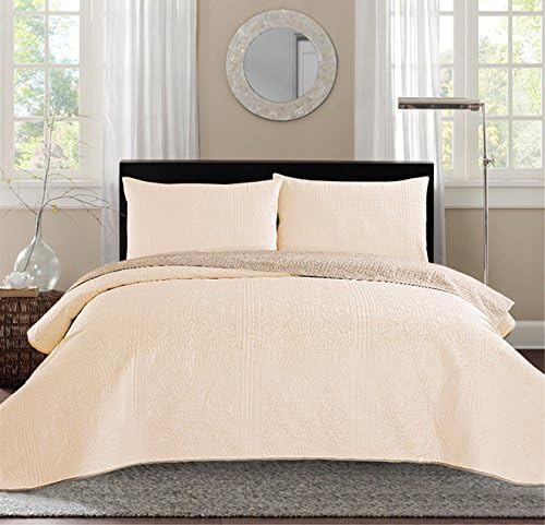 Grand Linen Juego de colcha reversible de lujo de 3 piezas color gris pardobeige de 108 x 95 pulgadas (California)
