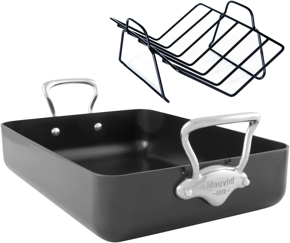 Mauviel M’Stone 3 – Asador antiadherente anodizado duro con estante, asas de acero inoxidable fundido, 13.7 x 9.8 pulgadas, fabricado en Francia