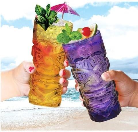 Lily’s Home Juego de 4 vasos Tiki  Ideal para cócteles exóticos, Highball  Juego único de vasos Tiki Bar y Bar de cocina, juego de vasos de vidrio y