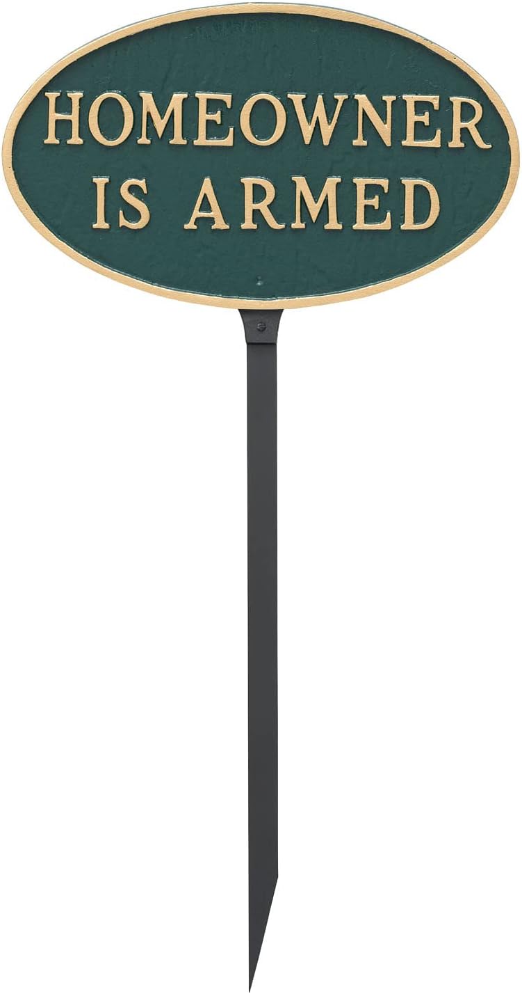 Placa ovalada de metal fundido para el propietario de casa con diseño de armado – Placa de exhibición de pared o césped – Letrero de seguridad para
