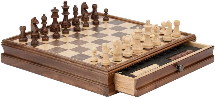 ROLTIN Juego de ajedrez de madera 2 en 1 con cajones, juego de tablero de ajedrez hecho a mano con damas y 2 reinas adicionales, ajedrez de lujo de