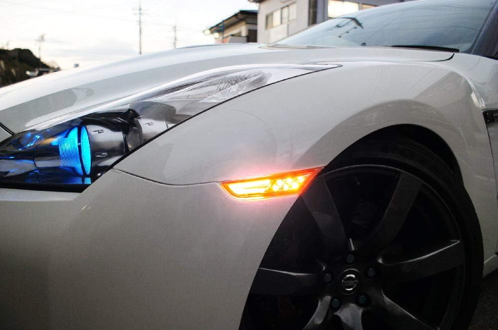 iJDMTOY JDM – Kit de luz de marcador frontal y lateral frontal con lente ahumada 3D ámbar, compatible con Nissan GT-R 2007 en adelante, alimentado