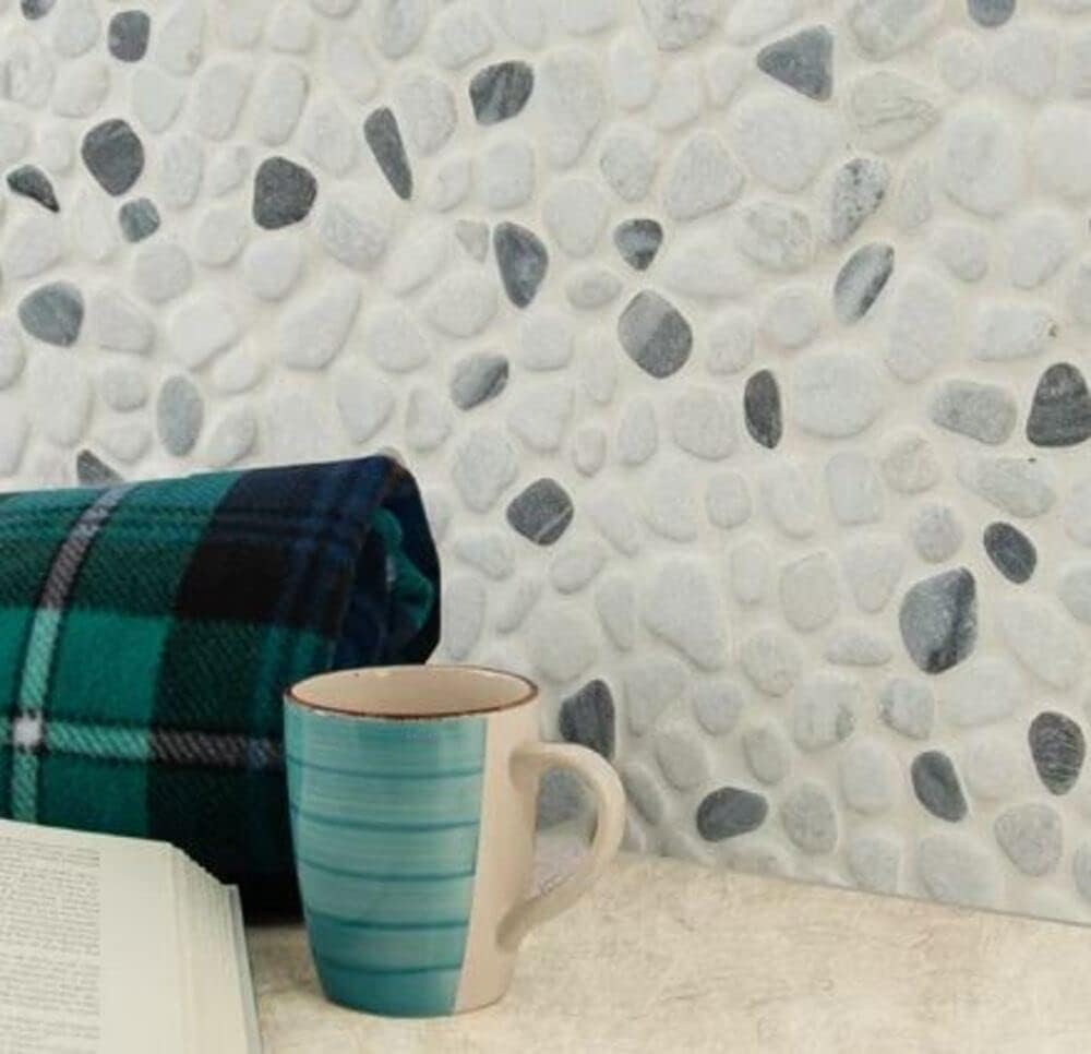 Tenedos Azulejo de mosaico de piedra de mármol gris y Carrara Pebbles para suelo y pared de baño, ducha y pared al aire libre (1 hoja)