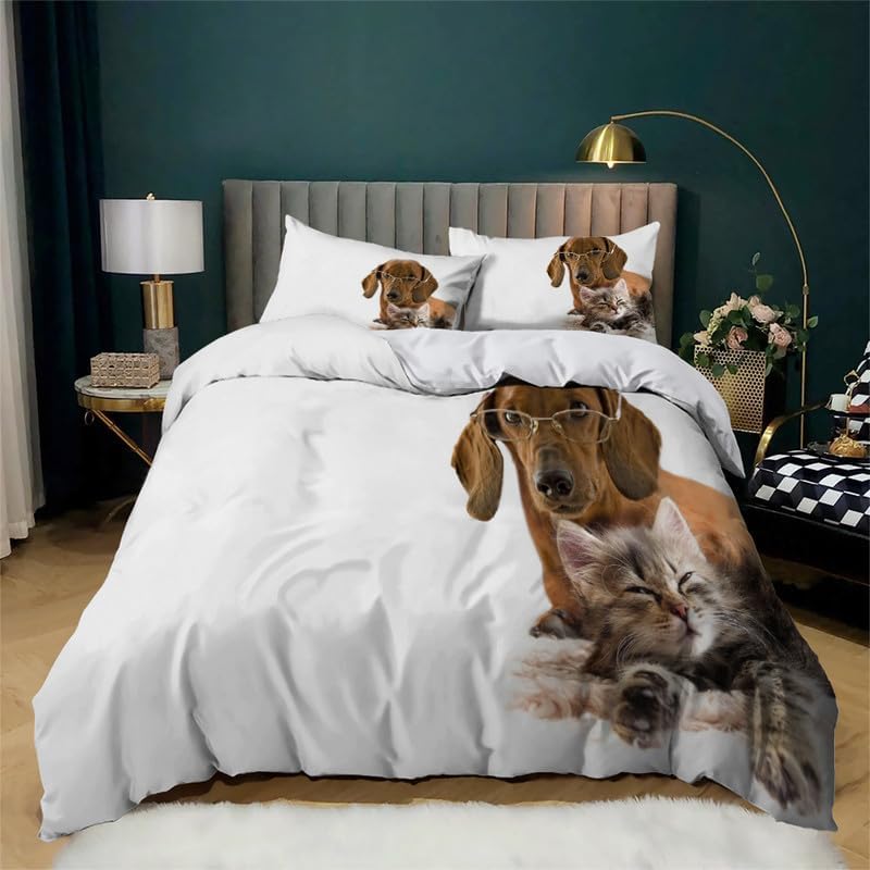 Juego de funda de edredón de gato blanco nieve con estampado de animales, funda de edredón de microfibra suave y 2 fundas de almohada de 20 x 26