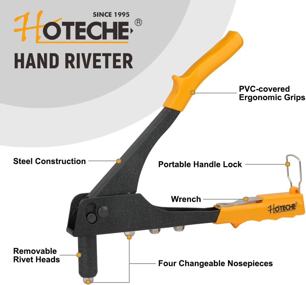 Hoteche Juego de pistola remachadora 4 en 1 de alta resistencia de 10.5 pulgadas, adecuado para metal, plástico y cuero con 60 remaches – 332