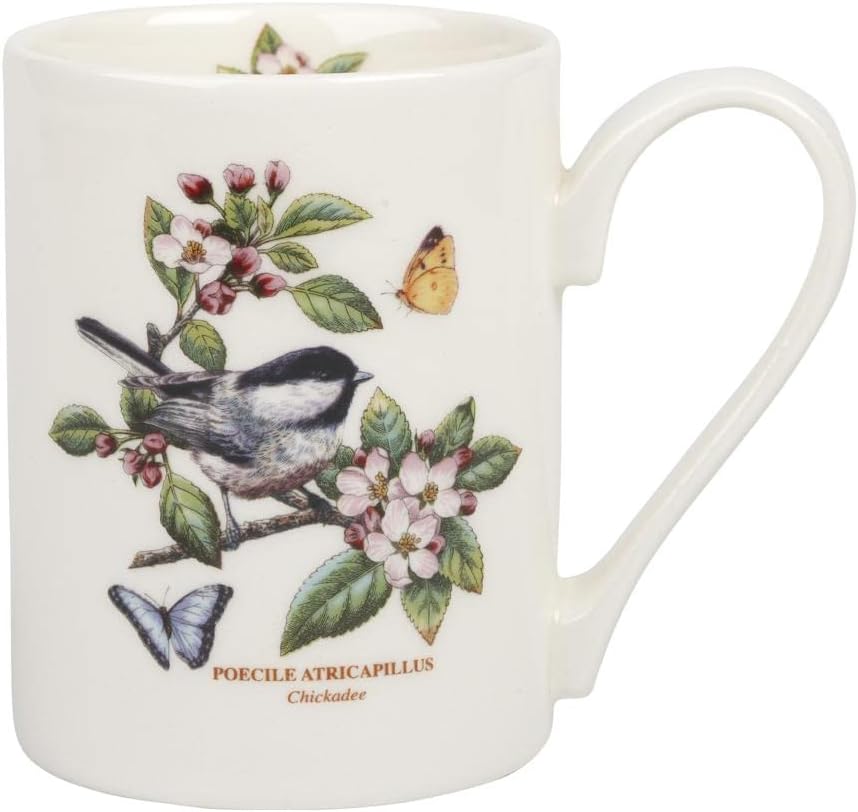 Portmeirion Botanic Garden Birds Collection – Taza de café 12 onzas Motivo de pollo Loza fina Taza grande con mango Apto para lavavajillas,
