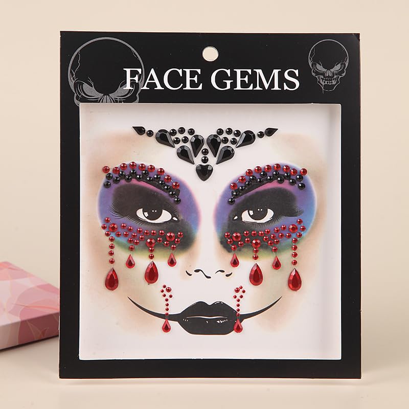 Gemas del Día de los Muertos, joyas de esqueleto para la cara, tatuajes temporales de calavera azucarera para Halloween, cristales de Catrina, joyas