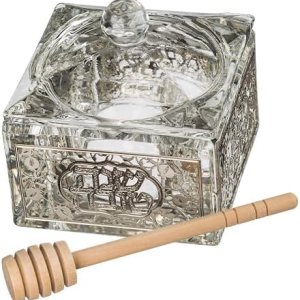 Ayuni Gifts of the World Elegante tarro de miel de cristal con placa decorativa de filigrana + cuchara de madera para Rosh Hashaná (plata) Ayuni Gifts of the World Elegante tarro de miel de cristal con placa decorativa de filigrana + cuchara de madera para Rosh Hashaná (plata)