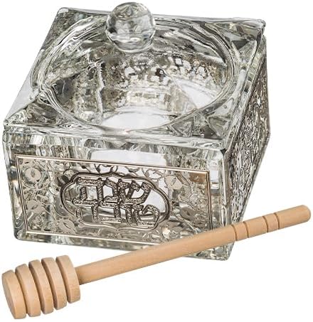 Ayuni Gifts of the World Elegante tarro de miel de cristal con placa decorativa de filigrana + cuchara de madera para Rosh Hashaná (plata)