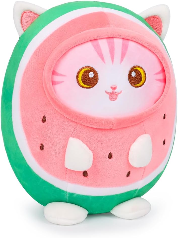 AIXINI Bonita almohada de peluche de gato sandía de 8 pulgadas, suave peluche Kawaii con traje de fruta, regalo para niños