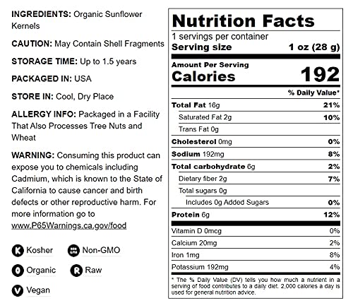 Food to Live Semillas de girasol germinadas orgánicas, 8 onzas sin OMG, Kosher, sin cáscara, sin sal, granos crudos, superalimento vegano, comida