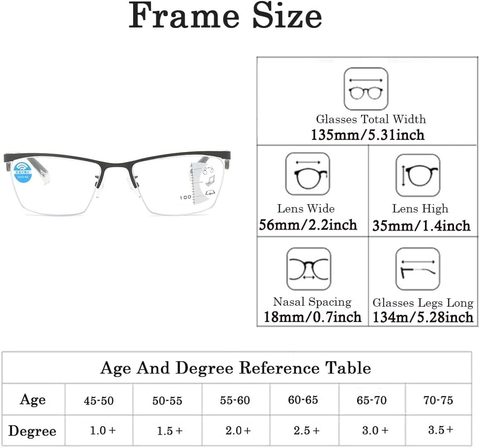 Gafas de lectura multifocales progresivas para hombres y mujeres, lector de medio marco de metal con luz azul con bisagra de resorte