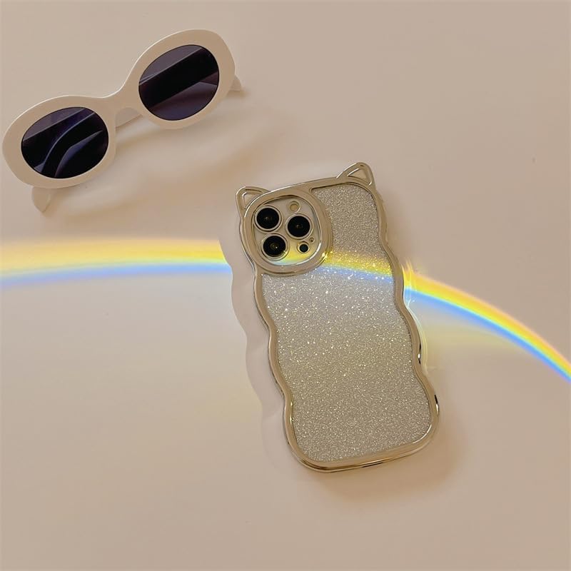 Funda compatible con iPhone 13, diseño de dibujos animados 3D chapado en orejas de gato con purpurina brillante en la parte trasera rizada,