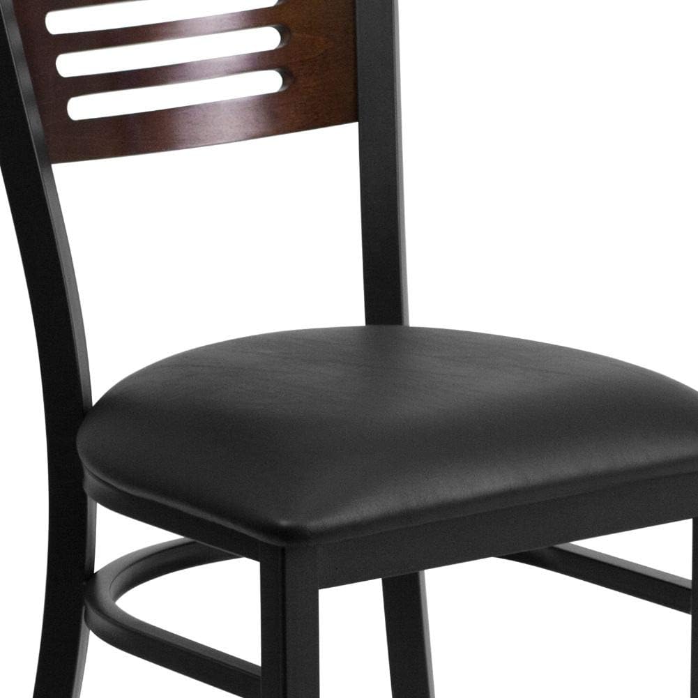 Flash Furniture HERCULES Series Silla de restaurante de metal con respaldo de listones negros, respaldo de madera de nogal, asiento de vinilo negro