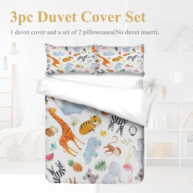 KPSheng Juego de funda de edredón de dibujos animados tamaño individual, juego de ropa de cama de animales de safari, bonito juego de funda de