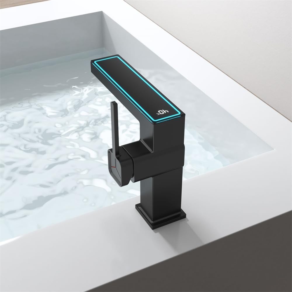 Weirun Grifo de montaje en cubierta cuadrada con un solo agujero para lavabo, para baño, con pantalla digital, temperatura LED, color negro mate