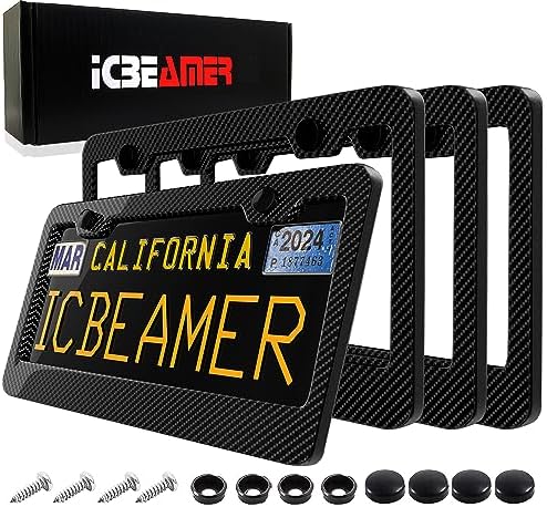 ICBEAMER Marcos de placa de fibra de carbono negra, 2 agujeros de tornillo preperforados con kit de instalación, ajuste universal, seguro para