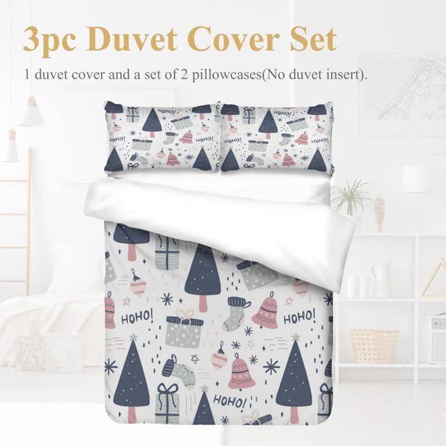 Bidesign Juego de funda de edredón tamaño matrimonial con temática navideña (diseño de cerezaárbol de Navidadcampana) para vacaciones (1 funda de