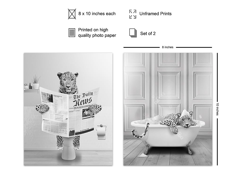 Leopard Print Kids Bathroom Set – Big Cat funny Bathroom Wall Art & Decor – Cute Bathroom Pictures – Restroom Sign – Modern Bathroom Decor for Women
