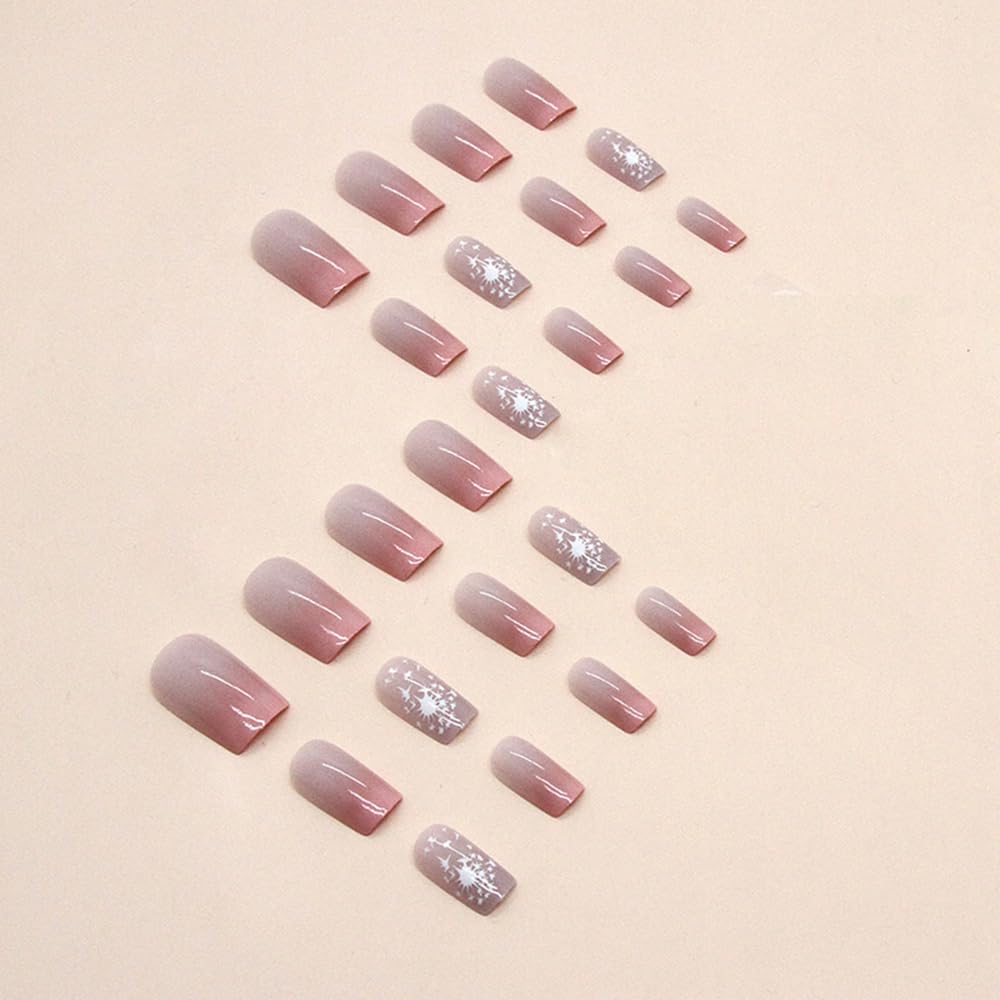 SHANRUN – Juego de 24 uñas postizas a presión color rosa nude, cuadradas, medianas, brillantes, con diseño, cobertura completa, uñas postizas