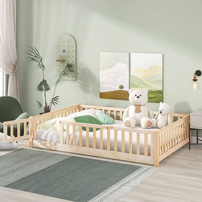 i-POOK Cama de plataforma Montessori de tamaño individual, marco de cama con barandillas en forma de valla y plataforma de madera maciza con 7