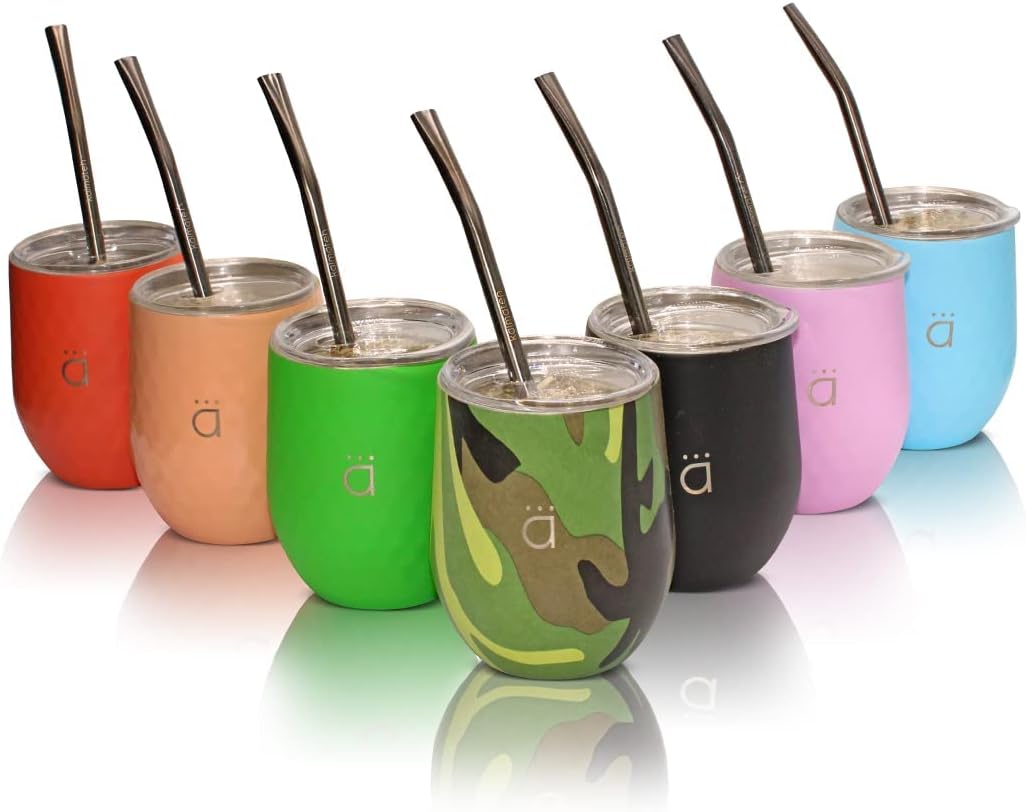 Kalmateh Yerba Mate Gourd – Acero inoxidable de doble pared con tapa sin BPA, filtro de bombilla y limpiador de bombilla, verde camuflaje, 8 onzas