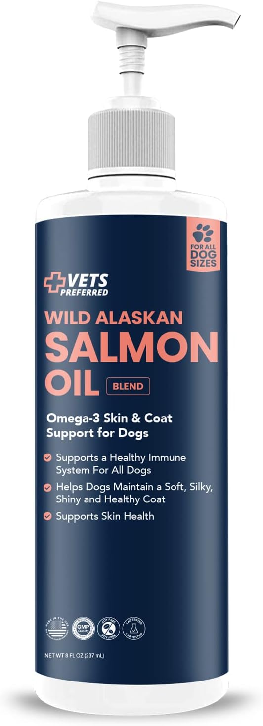 Vets Preferred Aceite de salmón salvaje de Alaska para perros, piel y pelaje, aceite de pescado Omega 3 de primera calidad para un pelaje saludable