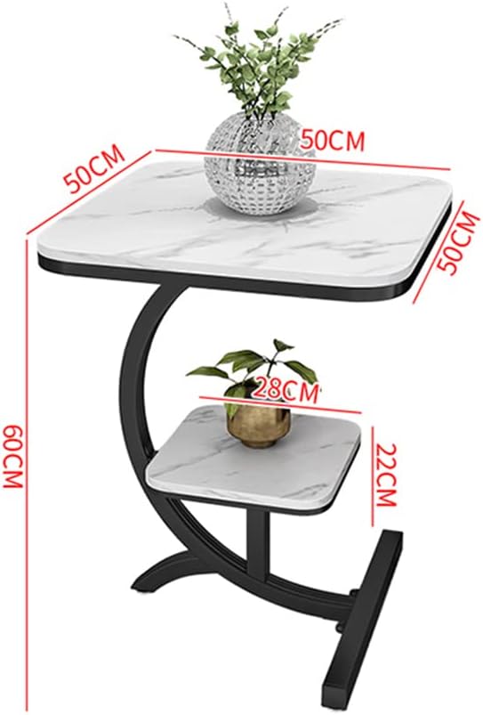 Mesa auxiliar de sofá de mármol de lujo de 2 niveles para sala de estar, sofá, mesa auxiliar, mesita de noche (blanco + negro)