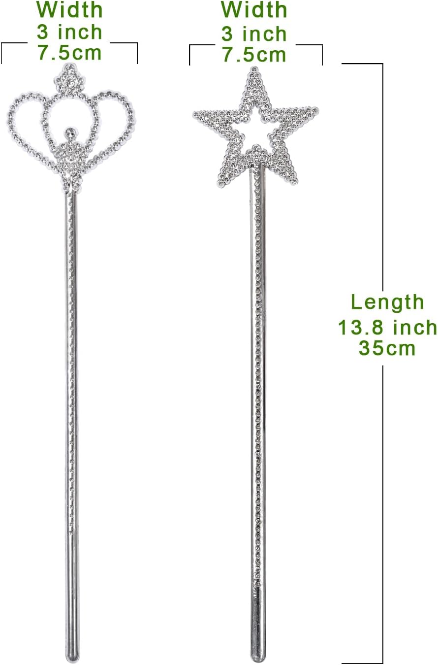 Liatunou Paquete de 2 varitas de estrella plateadas, varitas de corona, varitas de hadas de princesa, palos mágicos para niñas, cumpleaños, fiesta,