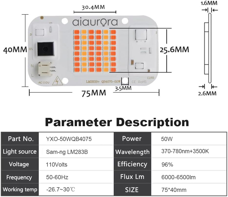 2 paquetes de chips LED AC110V 50W CA con Bridgelux y LM283B+ diodo COB 3500K 6000K Panel LED de espectro completo para lámpara de cultivo de flores