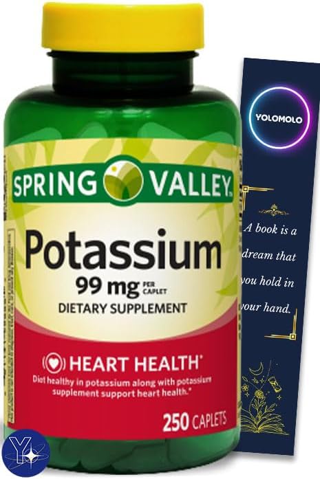Comprimidos de suplemento dietético de salud cardíaca de potasio, 99 mg, 250 unidades Spring Valley y marcapáginas de regalo YOLOMOLO