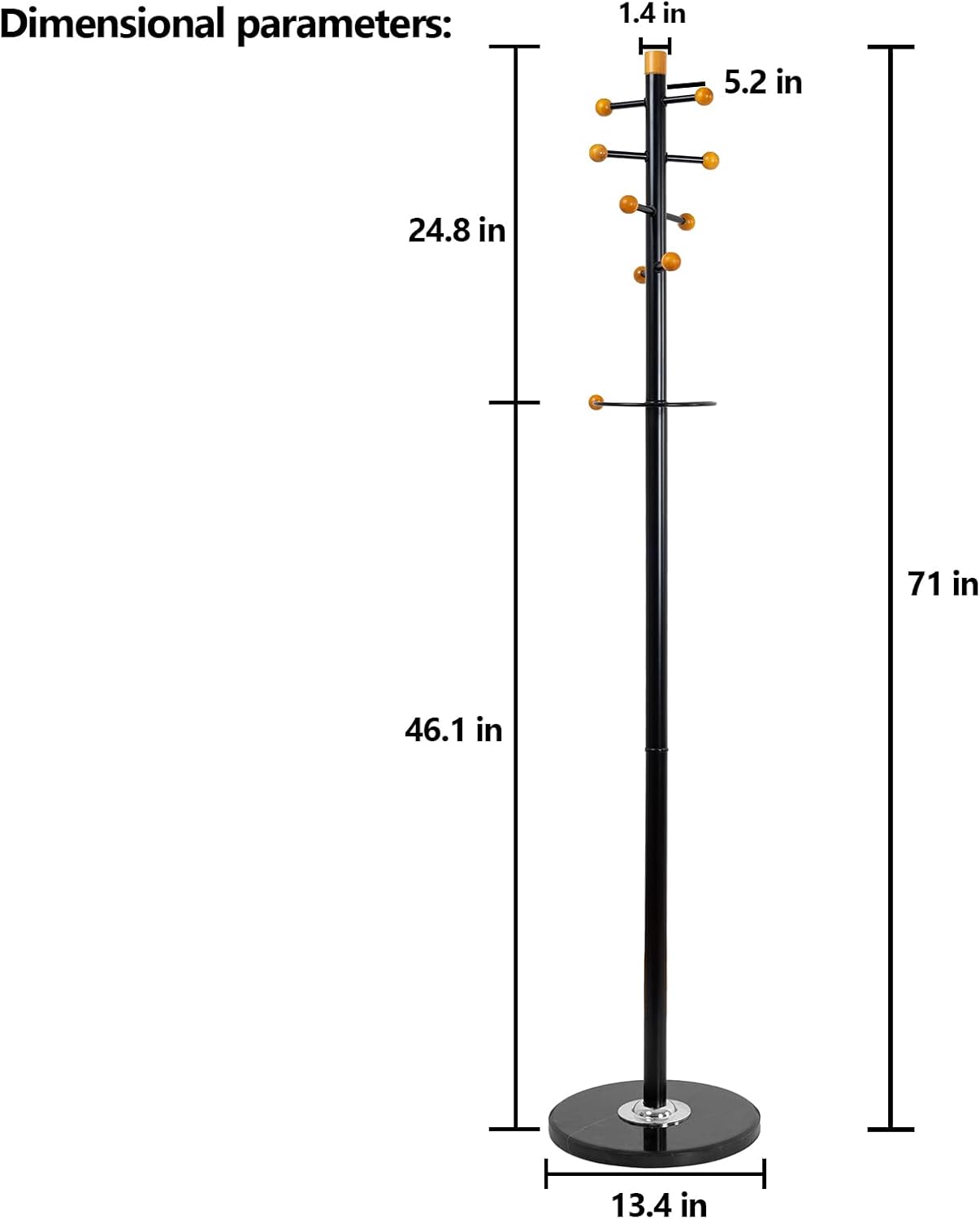 Perchero de 71 pulgadas, resistente con base de mármol, perchero de metal con 9 ganchos para colgar bufandas, bolsos, sombreros, chaqueta rotativa
