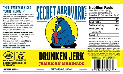 Secret Aardvark Drunken Jerk – Salsa picante jamaicana Jerk y marinada, hecha con condimento jamaicano Jerk, salsa de soja y pimientos habaneros,