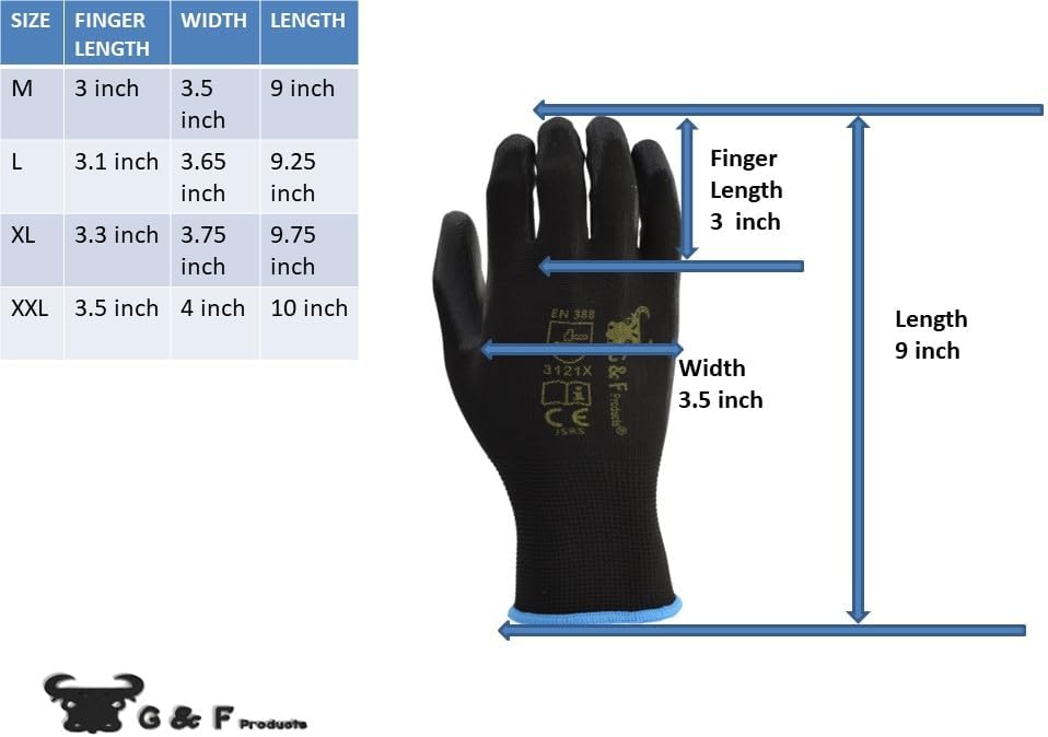 12 pares de guantes de trabajo para hombre, guantes de agarre ligeros para el trabajo, disponibles en 4 tamaños, guantes recubiertos de goma de