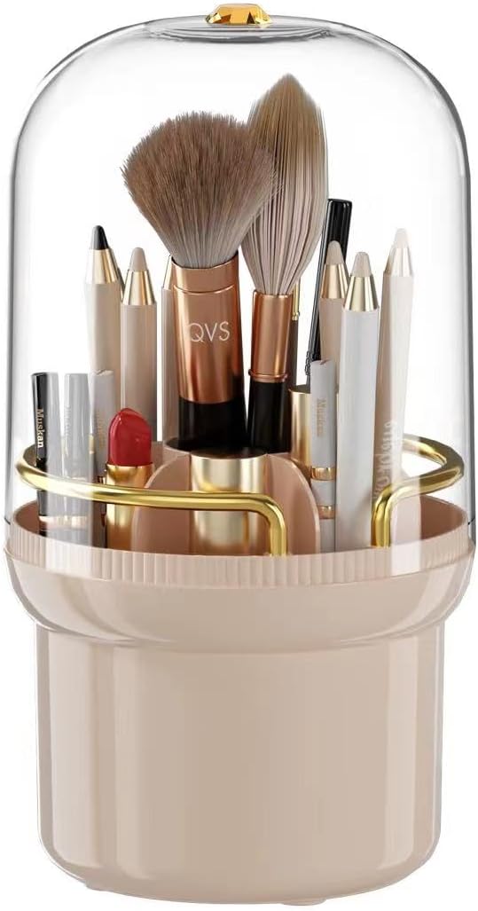 Soporte para brochas de maquillaje, organizador de brochas de maquillaje giratorio de 360 con tapa, almacenamiento de brochas cosméticos a prueba de