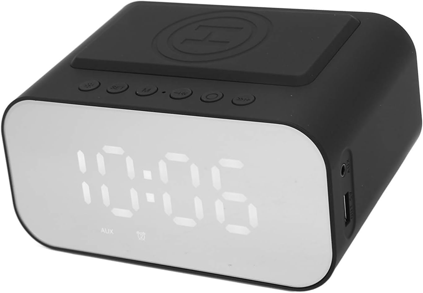 Altavoz Bluetooth con reloj despertador, cargador inalámbrico de 15 W de carga rápida, radio FM, temporizador de sueño, 3 niveles de brillo