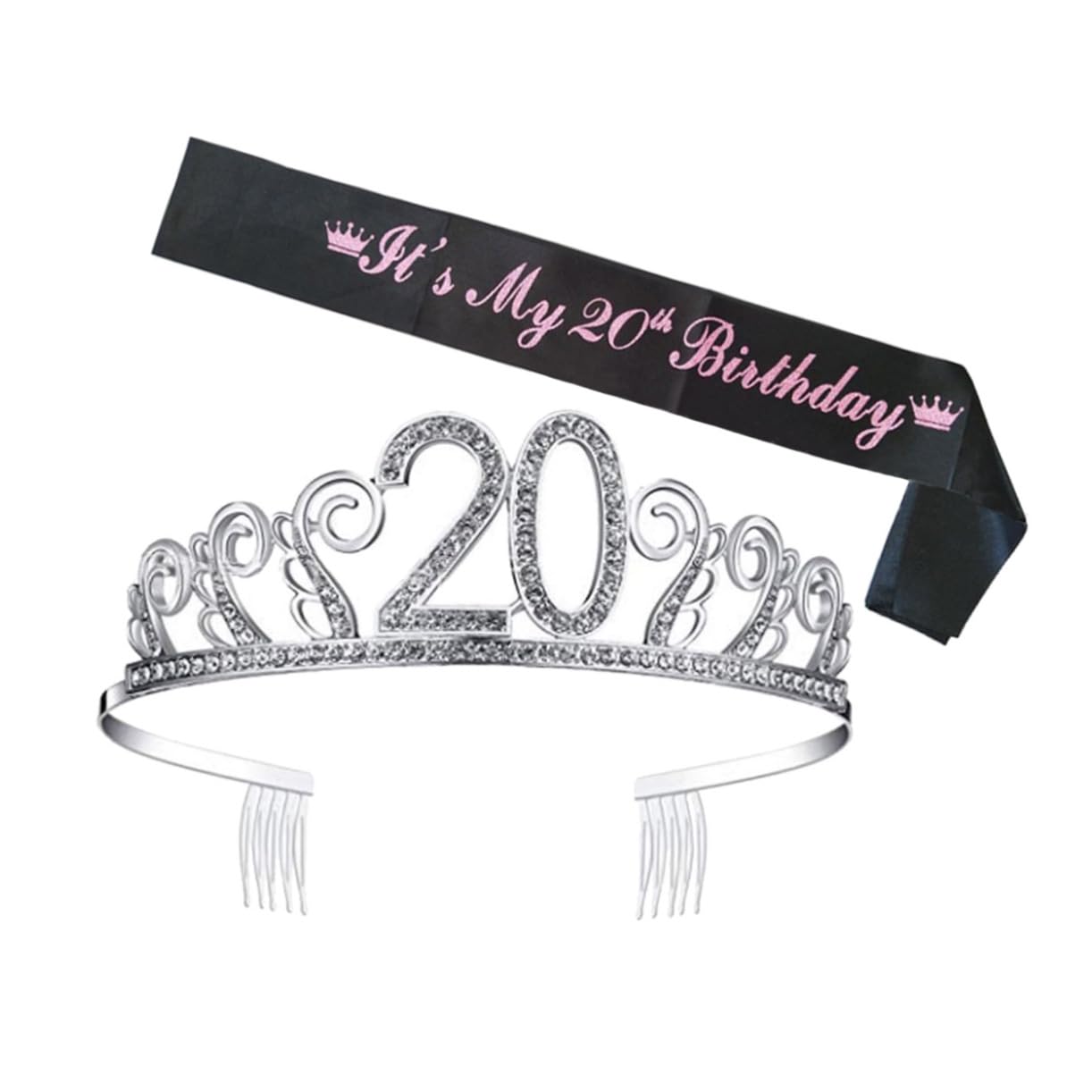 minkissy 1 Set 20 Happy 20th Birthday Tiara Birthday Rhinestone Crystal Birthday Party Etiquette Belt 20th Birthday Headband 20th Bday Sash