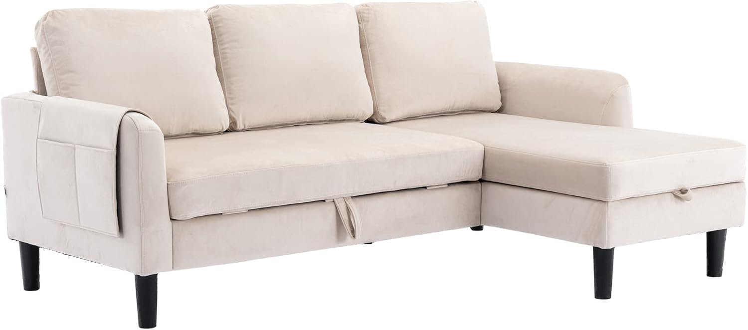 Tumbona seccional de 3 plazas, cama extraíble convertible en forma de L y almacenamiento, cómodo sofá esquinero tapizado de terciopelo para sala de