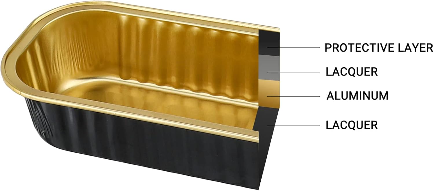 EUSOAR Tazas para hornear con tapas, 50 piezas de 6.8 onzas, 6.5 x 2.5 x 1.2 pulgadas, papel de aluminio desechable negro y dorado, moldes para