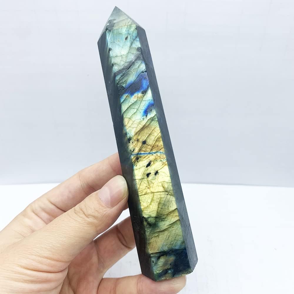 FEIXI Piedra curativa de labradorita de cristal natural, piedra curativa de cuarzo con obelisco, piedra energética (1.5 libras)