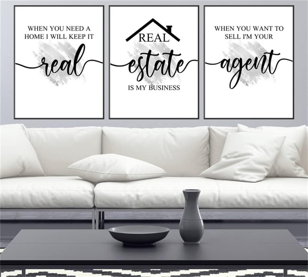 NATVVA Pintura en lienzo de 3 piezas, impresiones plateadas, arte de pared de bienes raíces, póster modular, citas de agente inmobiliario, imágenes