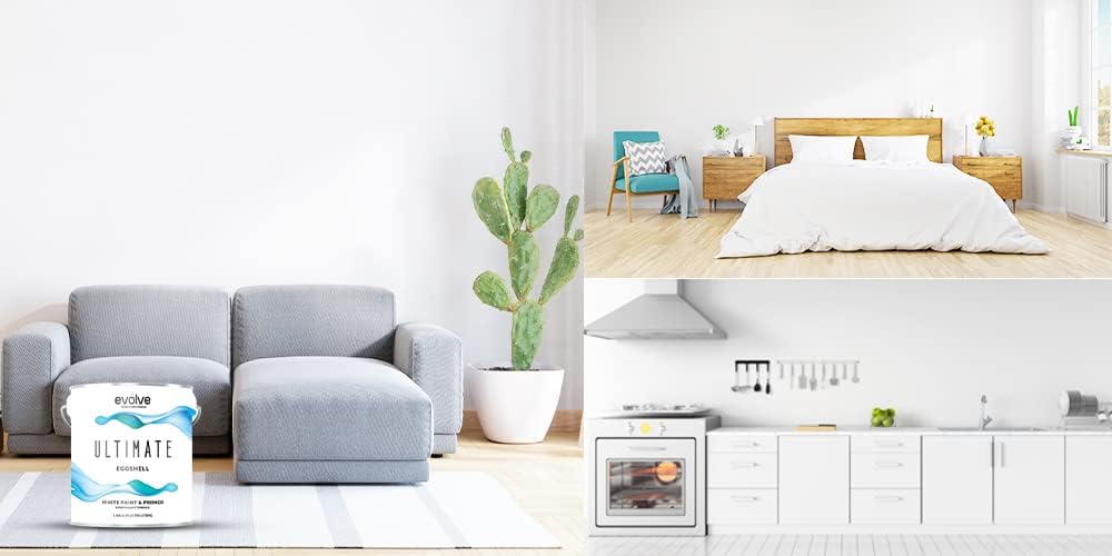 EVOLVE Pintura e imprimación de cobertura definitiva de una sola capa en blanco para pintura interior y exterior de casa, brillo de cáscara de