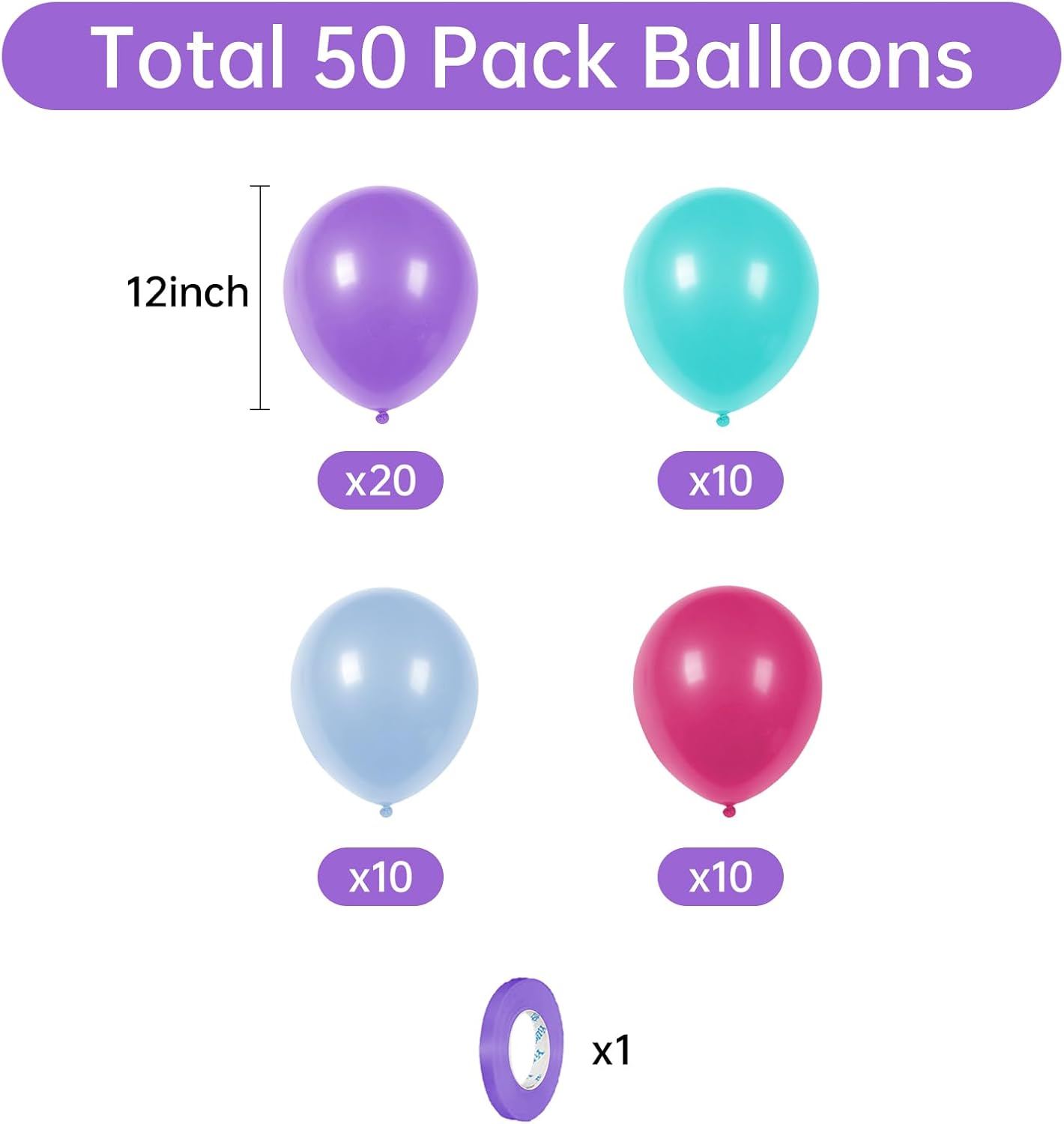Globos morados y azules y rosados, 50 paquetes de globos de sirena de 12 pulgadas, globos de látex para helio, para niñas, baby shower, fiesta de