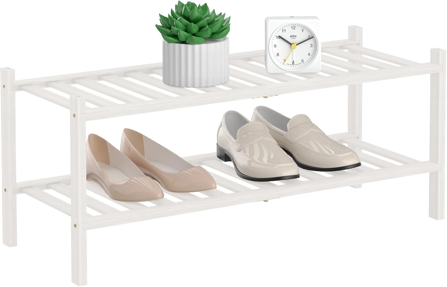 Zapatero de bambú natural de 2 niveles  Estante de almacenamiento apilable con combinaciones multifunción  Zapateros independientes para una cómoda
