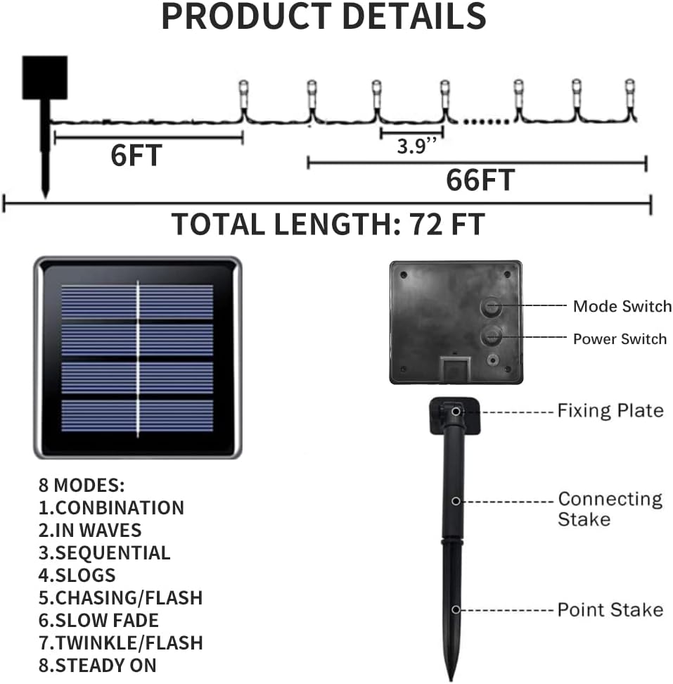 Guirnalda de 200 luces LED para exteriores, 72 pies, impermeable, IP65, luces solares de Navidad con 8 modos de luces colgantes exteriores para